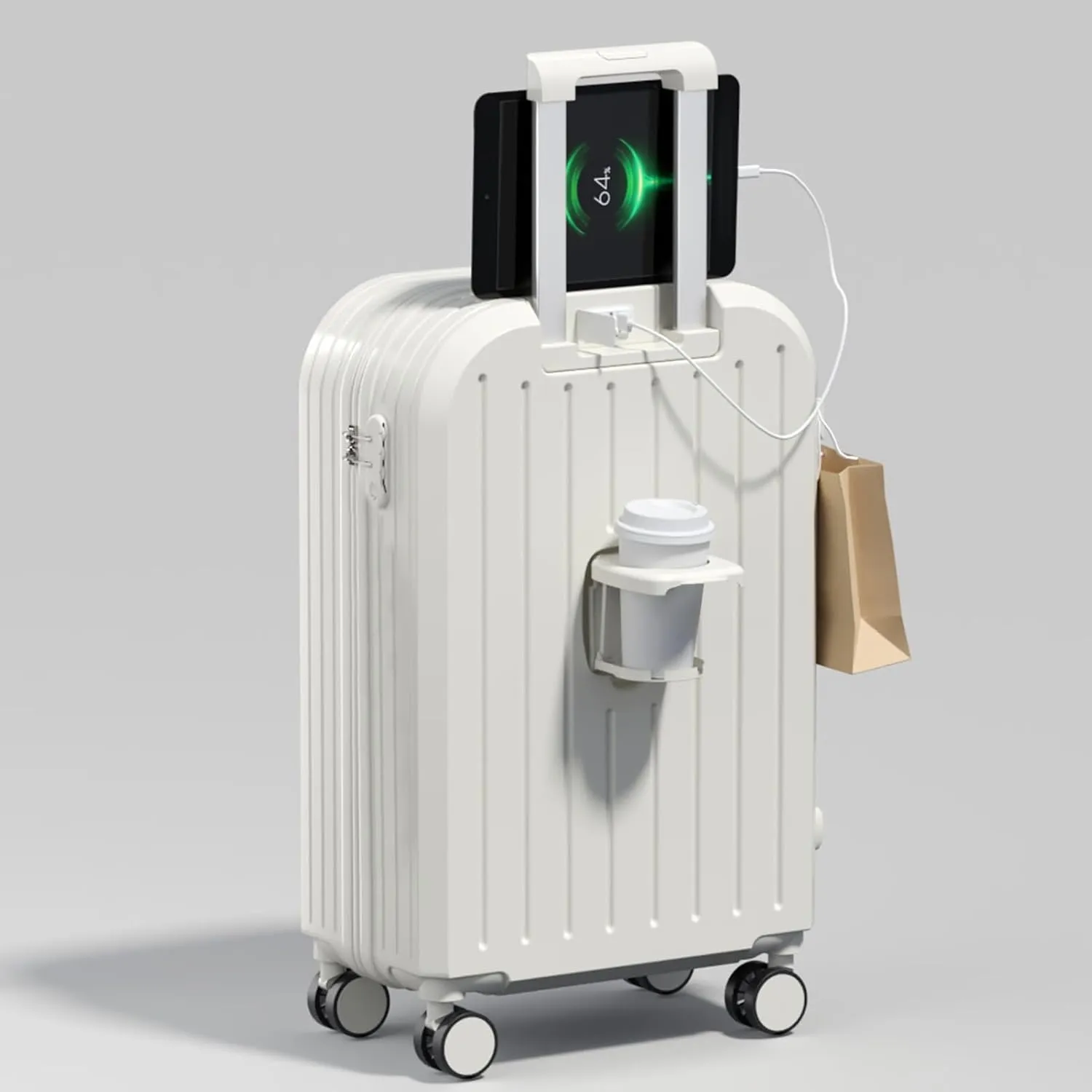 20 inch Carry On Luggage Travel Expandable Suitcase with Folding Cup Holder, Usb Charging Port, Hard Shell White 20Inch