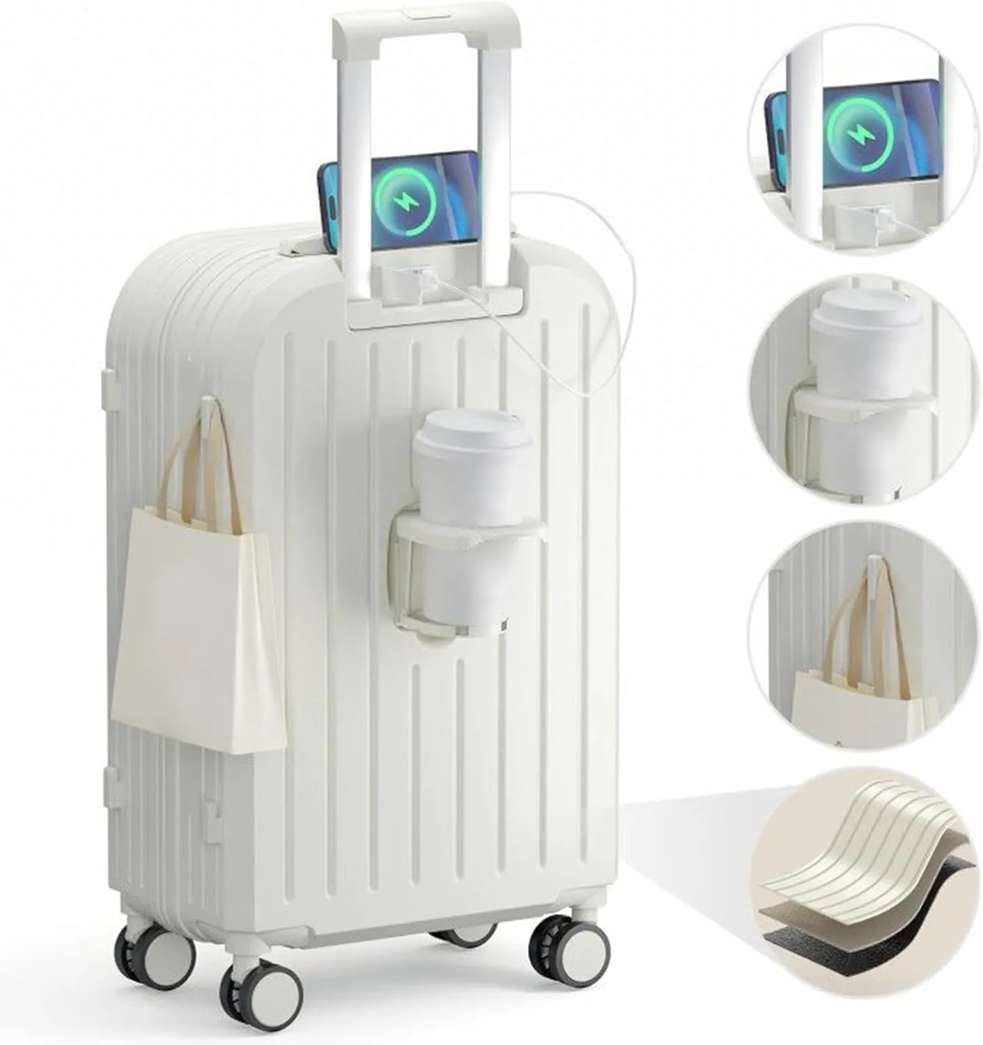 20 inch Carry On Luggage Travel Expandable Suitcase with Folding Cup Holder, Usb Charging Port, Hard Shell White 20Inch