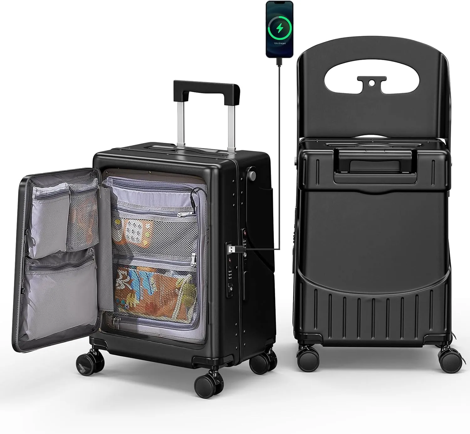 20" Hardshell Carry On Suitcase with Seat for Kids & Adults,Travel Luggage with Front Pocket & 4 Lockable Spinner Wheels, TSA Lock, USB Port, Luggage Cover, Safty Seatbelt (Black color, 20 Inch)