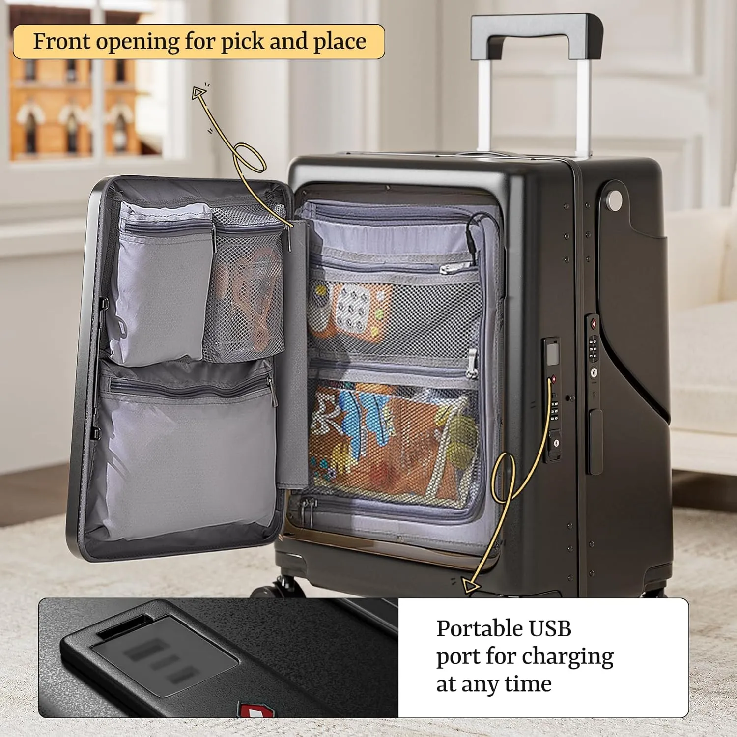 20" Hardshell Carry On Suitcase with Seat for Kids & Adults,Travel Luggage with Front Pocket & 4 Lockable Spinner Wheels, TSA Lock, USB Port, Luggage Cover, Safty Seatbelt (Black color, 20 Inch)