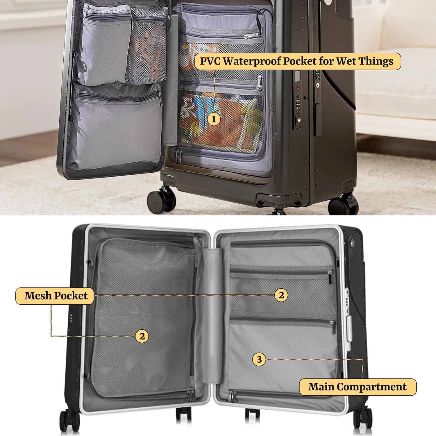 20" Hardshell Carry On Suitcase with Seat for Kids & Adults,Travel Luggage with Front Pocket & 4 Lockable Spinner Wheels, TSA Lock, USB Port, Luggage Cover, Safty Seatbelt (Black color, 20 Inch)