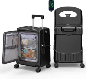 20" Hardshell Carry On Suitcase with Seat for Kids & Adults,Travel Luggage with Front Pocket & 4 Lockable Spinner Wheels, TSA Lock, USB Port, Luggage Cover, Safty Seatbelt (Black color, 20 Inch)