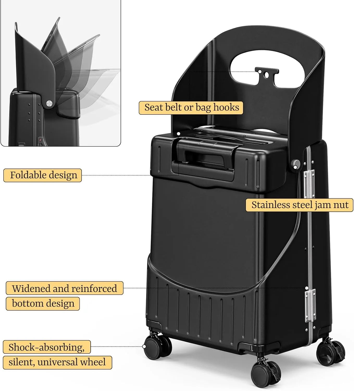 20" Hardshell Carry On Suitcase with Seat for Kids & Adults,Travel Luggage with Front Pocket & 4 Lockable Spinner Wheels, TSA Lock, USB Port, Luggage Cover, Safty Seatbelt (Black color, 20 Inch)