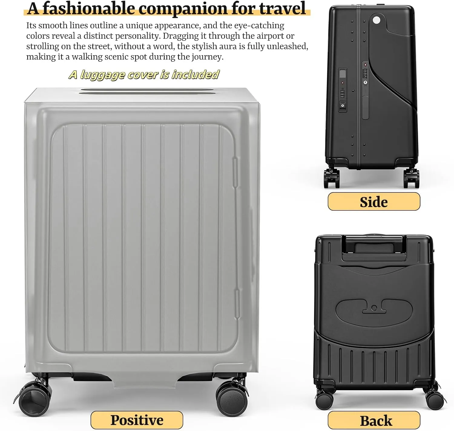 20" Hardshell Carry On Suitcase with Seat for Kids & Adults,Travel Luggage with Front Pocket & 4 Lockable Spinner Wheels, TSA Lock, USB Port, Luggage Cover, Safty Seatbelt (Black color, 20 Inch)