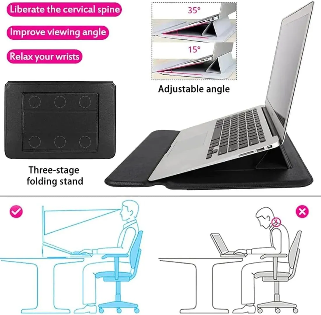 3-in-1 Laptop Sleeve Protective PU Leather Case Waterproof Shockproof Magnetic Closure Adjustable Stand Mouse Pad Lightweight 14-16 Inch Laptop and Tablet Universal Fit Portable Durable Colour Black