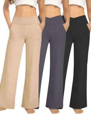 3 Pack Wide Leg Pants Woman Yoga Pants with Pockets Crossover Stretch Loose Casual Lounge Sweatpants