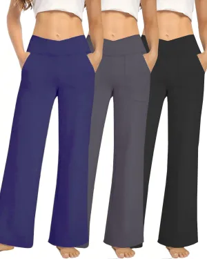 3 Pack Wide Leg Pants Woman Yoga Pants with Pockets Crossover Stretch Loose Casual Lounge Sweatpants