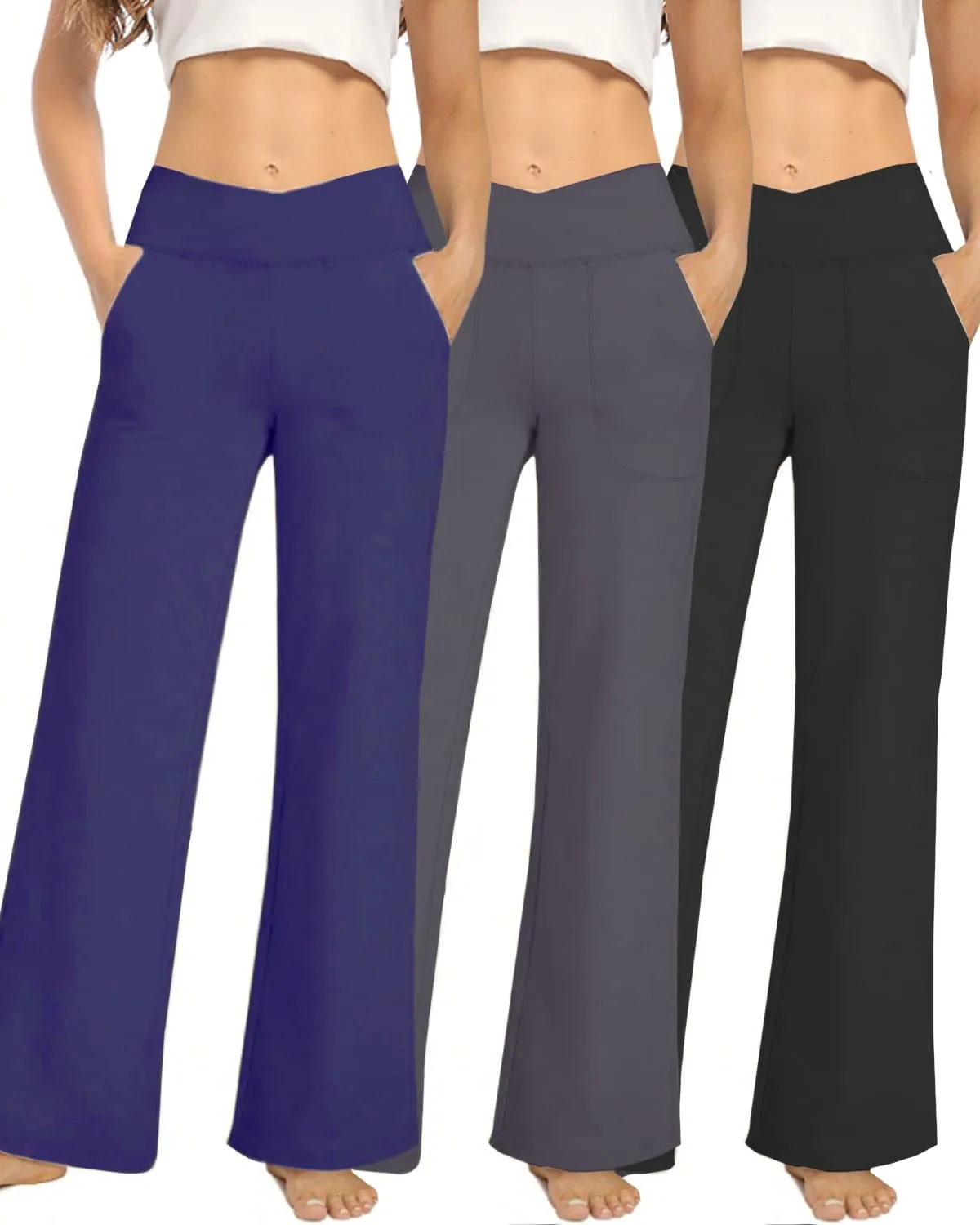3 Pack Wide Leg Pants Woman Yoga Pants with Pockets Crossover Stretch Loose Casual Lounge Sweatpants