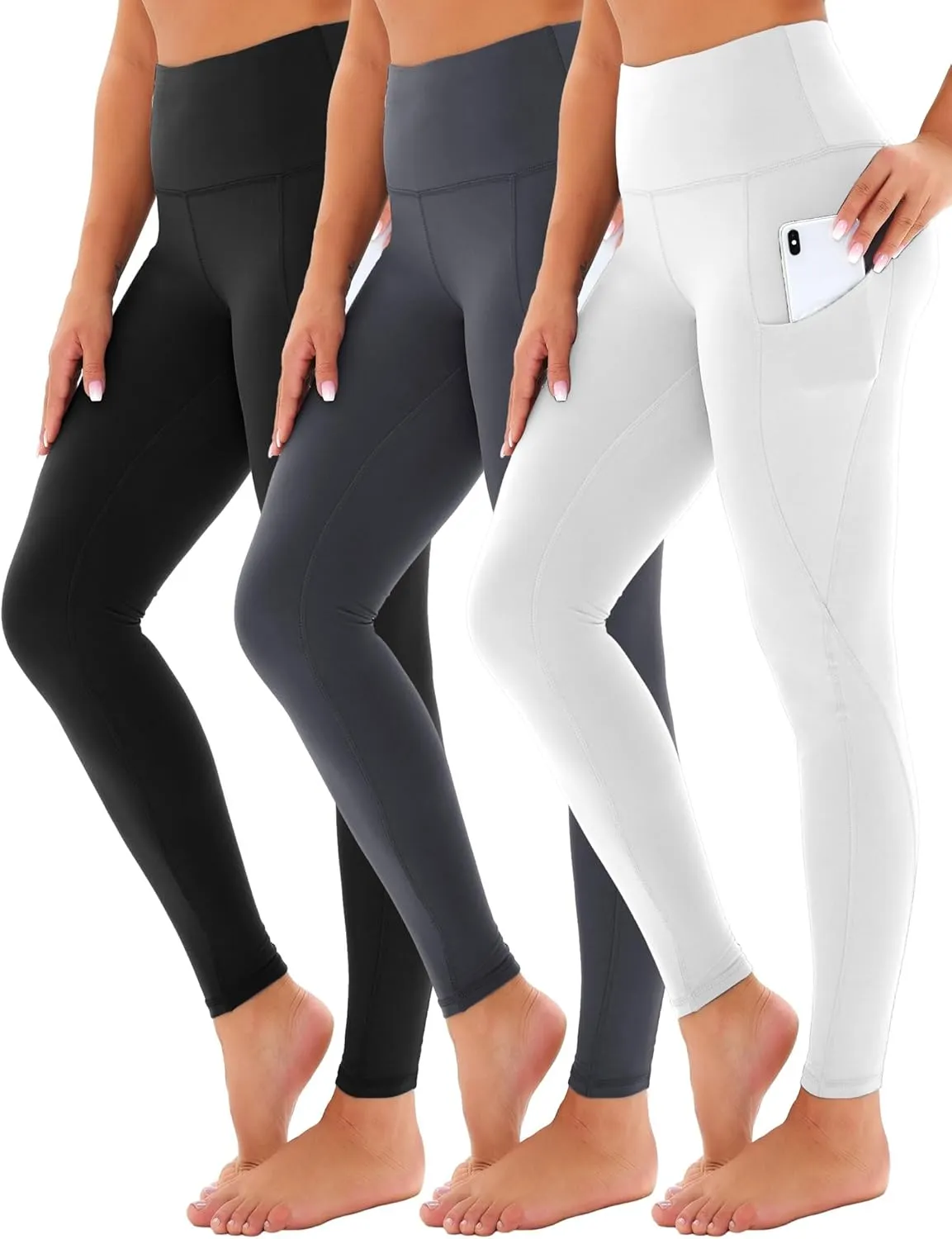 3 Pack Yoga Pants with Pockets for Women, Tummy Control Black Compression Gym Workout Leggings