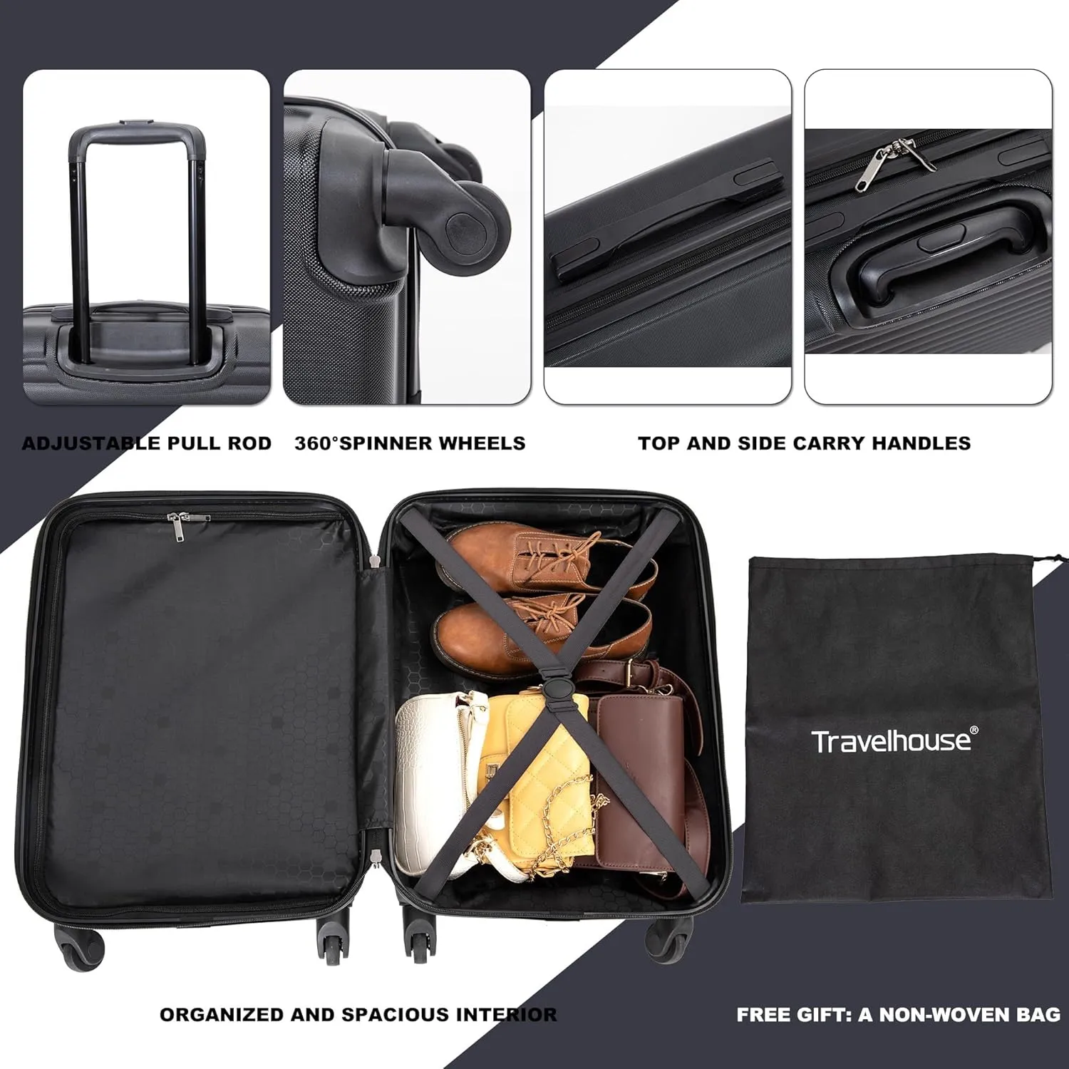 3-Piece ABS Hardshell Luggage Set (20"/24"/28") - Lightweight Spinner Suitcase w/TSA Lock, Nestable Design & 360 Wheels for Travel (Black)