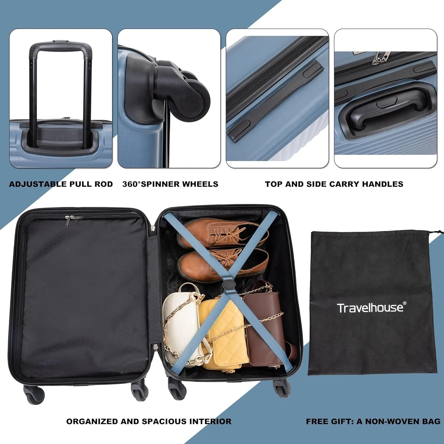 3-Piece ABS Hardshell Luggage Set (20"/24"/28") - Lightweight Spinner Suitcase w/TSA Lock, Nestable Design & 360 Wheels for Travel (Blue)