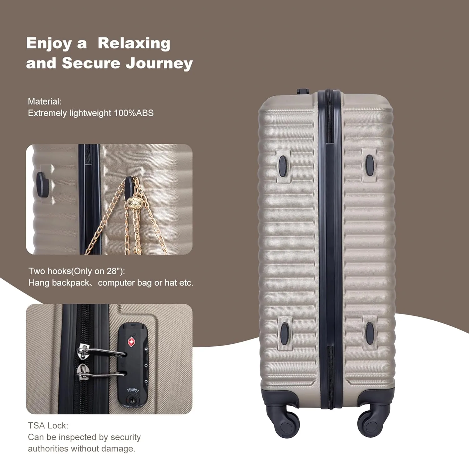 3-Piece ABS Hardshell Luggage Set (20"/24"/28") - Lightweight Spinner Suitcase w/TSA Lock, Nestable Design & 360 Wheels for Travel (Gold)