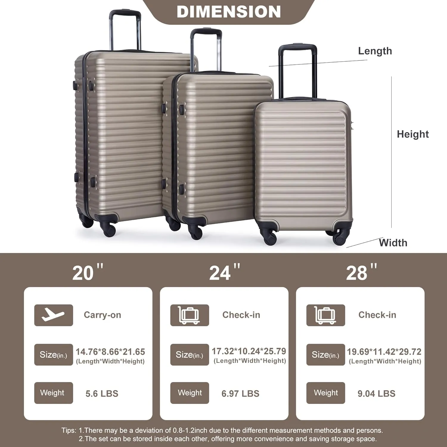 3-Piece ABS Hardshell Luggage Set (20"/24"/28") - Lightweight Spinner Suitcase w/TSA Lock, Nestable Design & 360 Wheels for Travel (Gold)