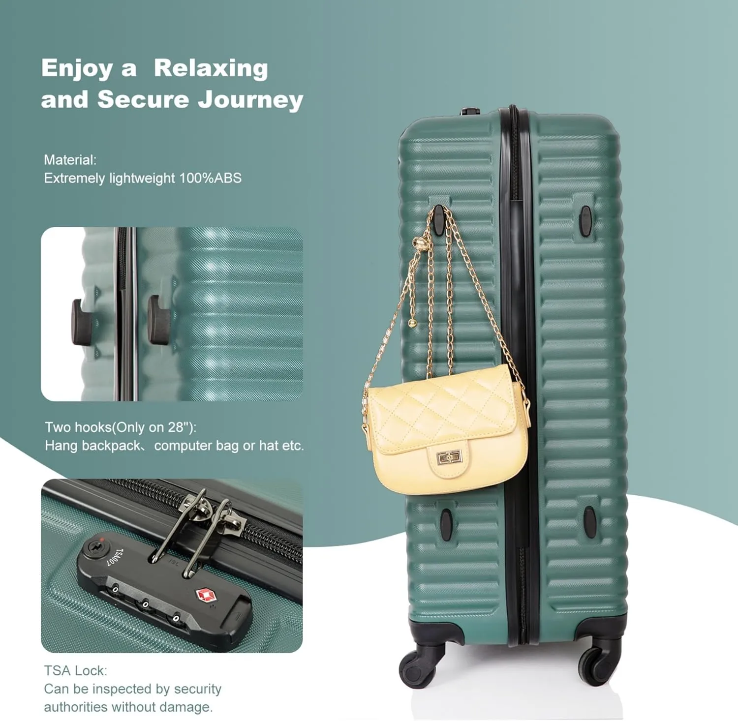 3-Piece ABS Hardshell Luggage Set (20"/24"/28") - Lightweight Spinner Suitcase w/TSA Lock, Nestable Design & 360 Wheels for Travel (Green)