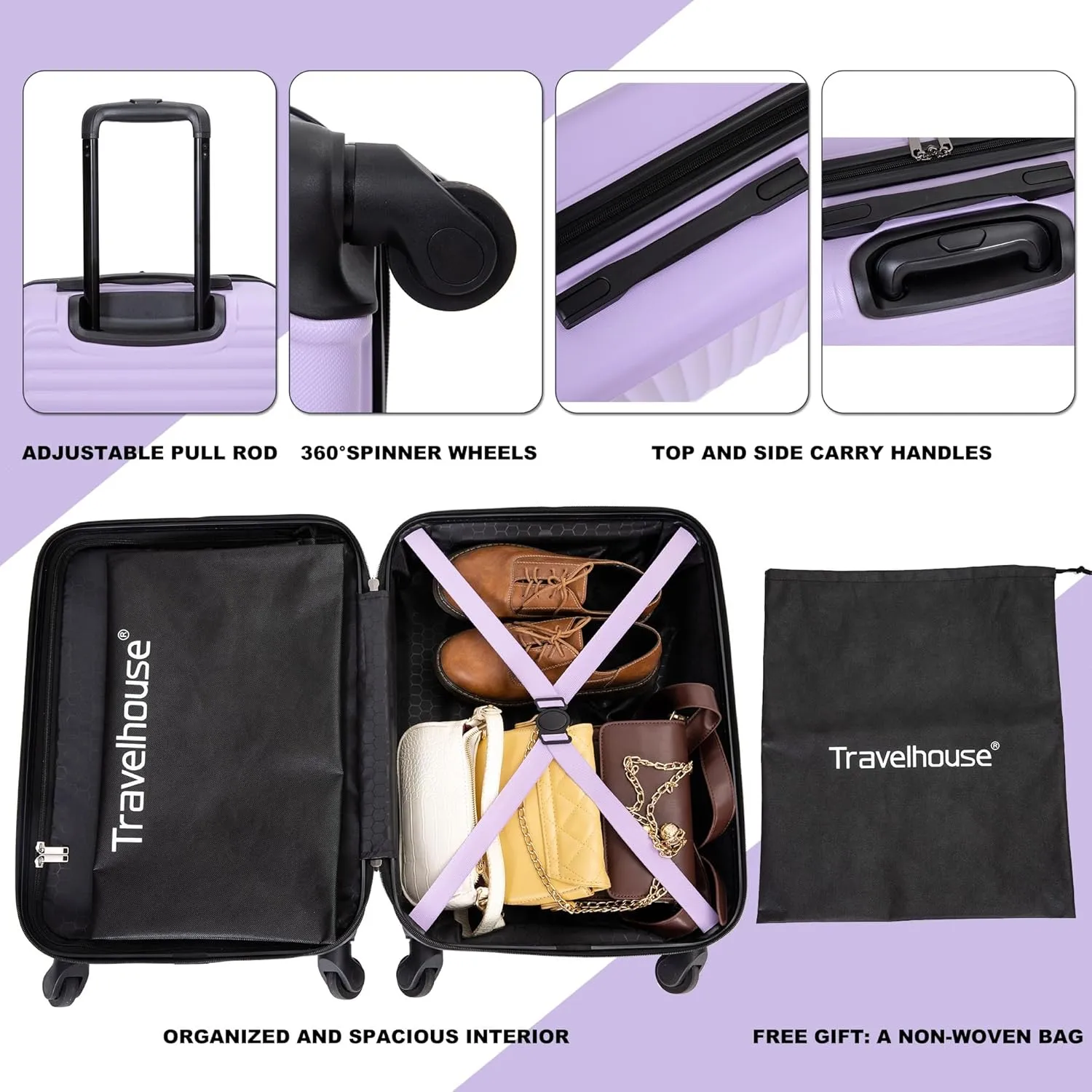 3-Piece ABS Hardshell Luggage Set (20"/24"/28") - Lightweight Spinner Suitcase w/TSA Lock, Nestable Design & 360 Wheels for Travel (Lavender Purple)