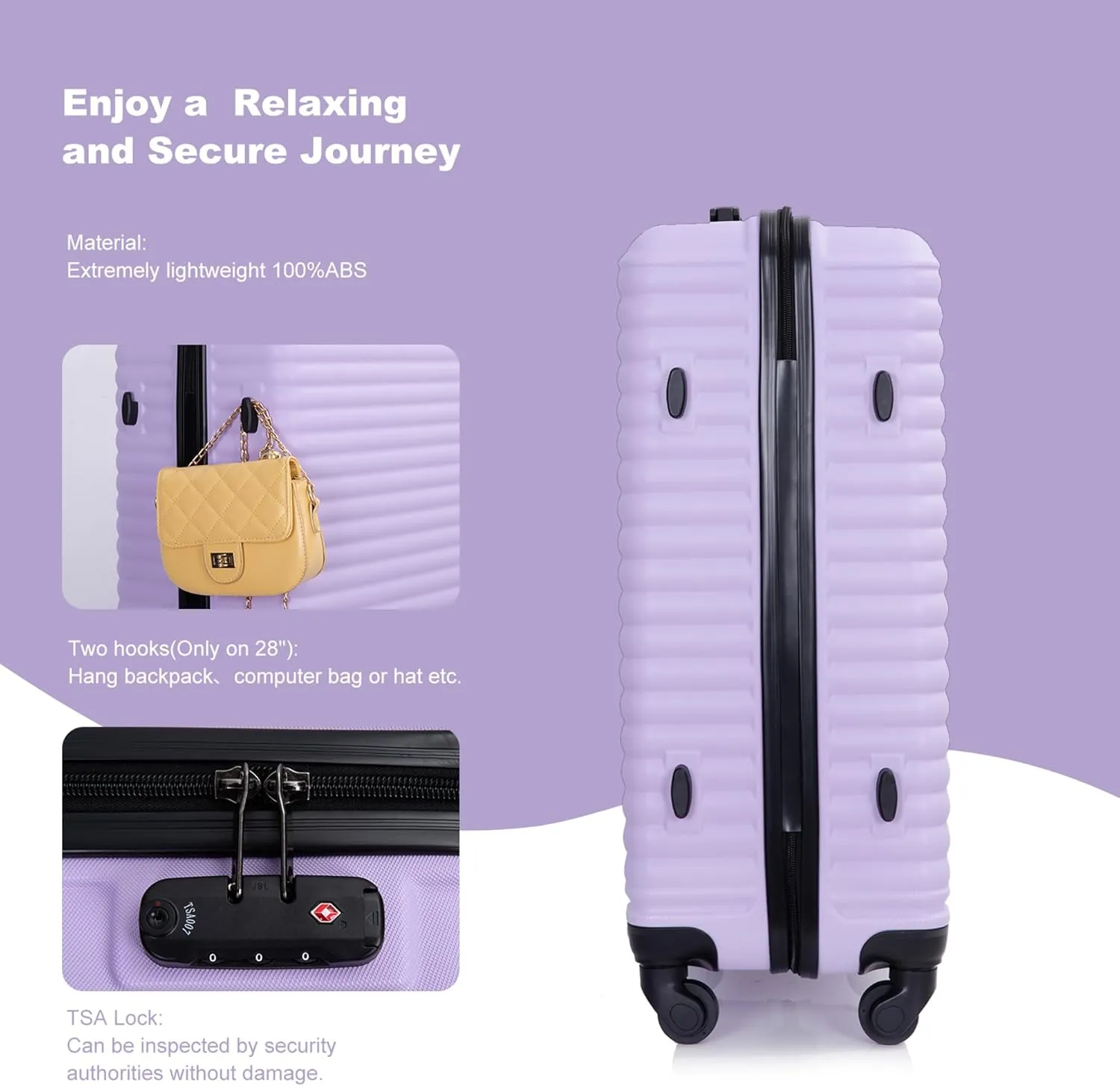 3-Piece ABS Hardshell Luggage Set (20"/24"/28") - Lightweight Spinner Suitcase w/TSA Lock, Nestable Design & 360 Wheels for Travel (Lavender Purple)