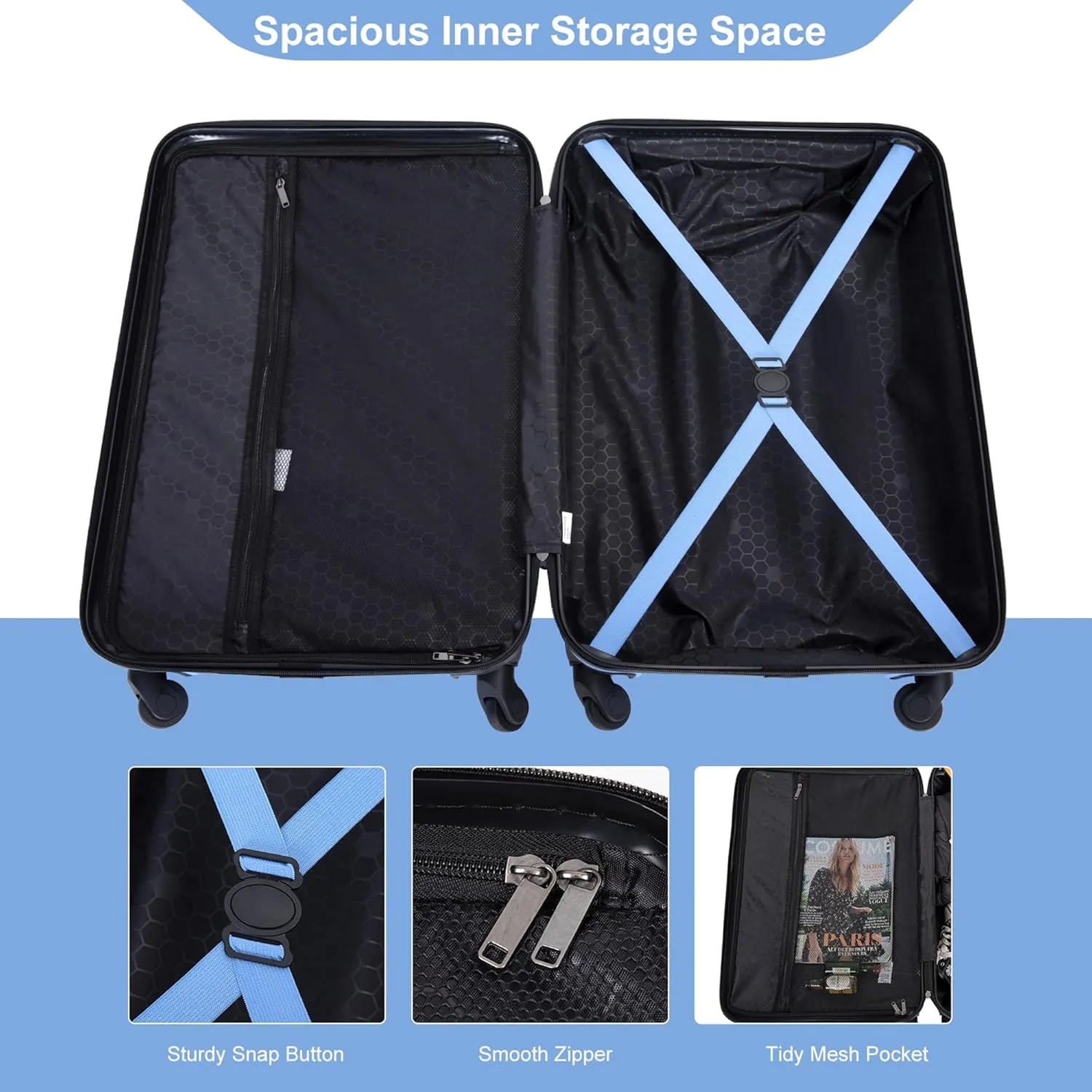 3-Piece ABS Hardshell Luggage Set (20"/24"/28") - Lightweight Spinner Suitcase w/TSA Lock, Nestable Design & 360 Wheels for Travel (Light Blue)