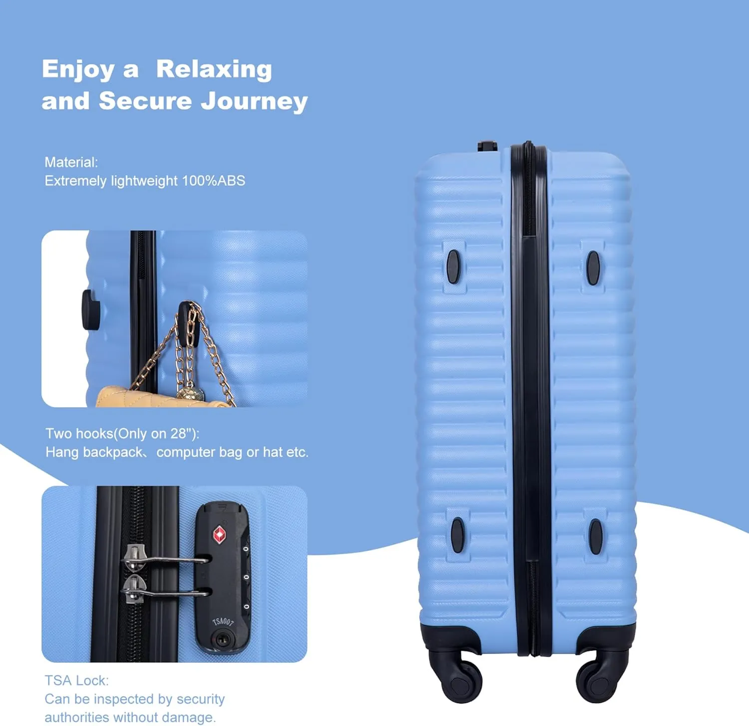 3-Piece ABS Hardshell Luggage Set (20"/24"/28") - Lightweight Spinner Suitcase w/TSA Lock, Nestable Design & 360 Wheels for Travel (Light Blue)