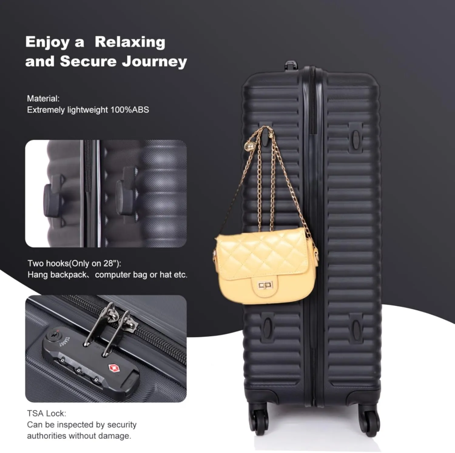 3-Piece ABS Luggage Set (20"/24"/28") - Lightweight Hardshell Suitcases with Lock, 360 Spinner Wheels & 2 Utility Hooks - Carry-On & Checked Luggage (Black   ABS)