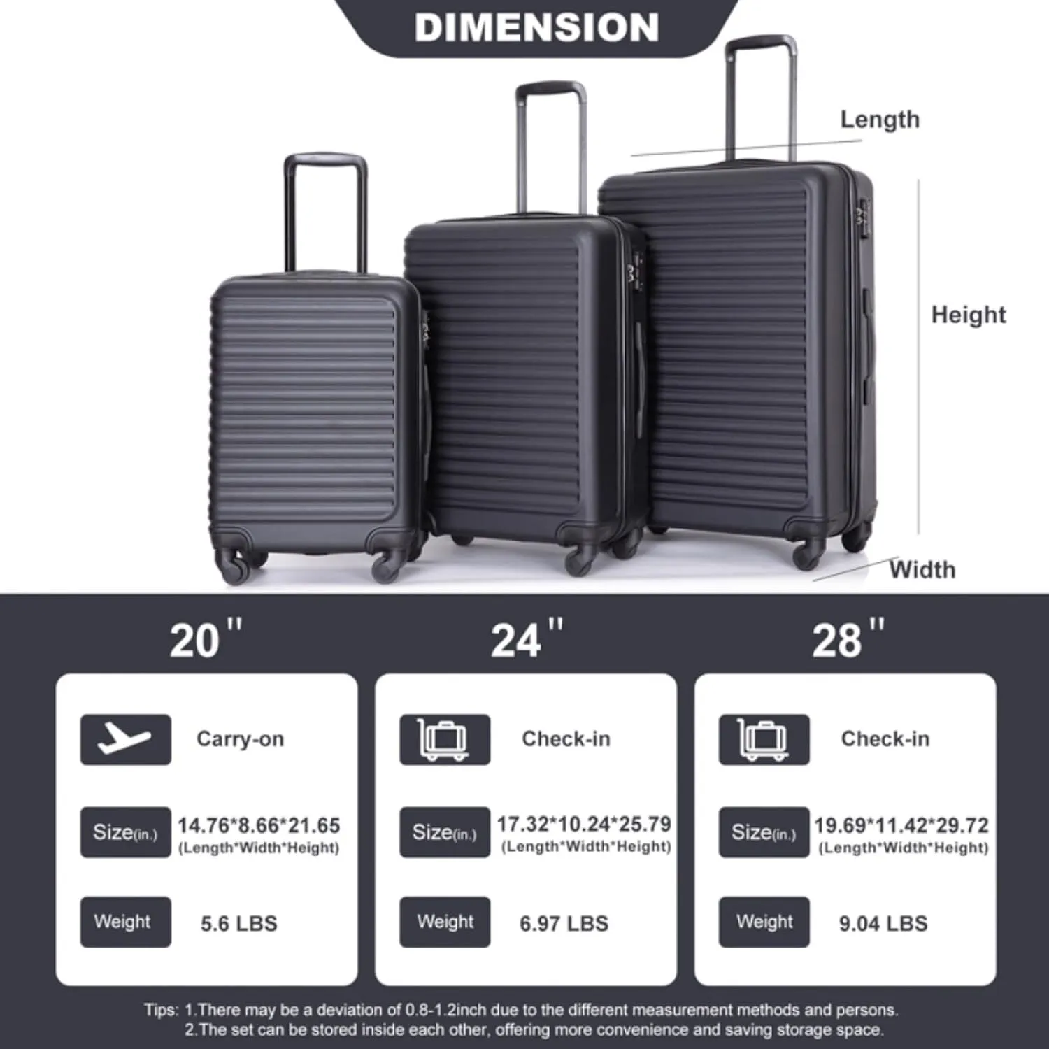 3-Piece ABS Luggage Set (20"/24"/28") - Lightweight Hardshell Suitcases with Lock, 360 Spinner Wheels & 2 Utility Hooks - Carry-On & Checked Luggage (Black   ABS)