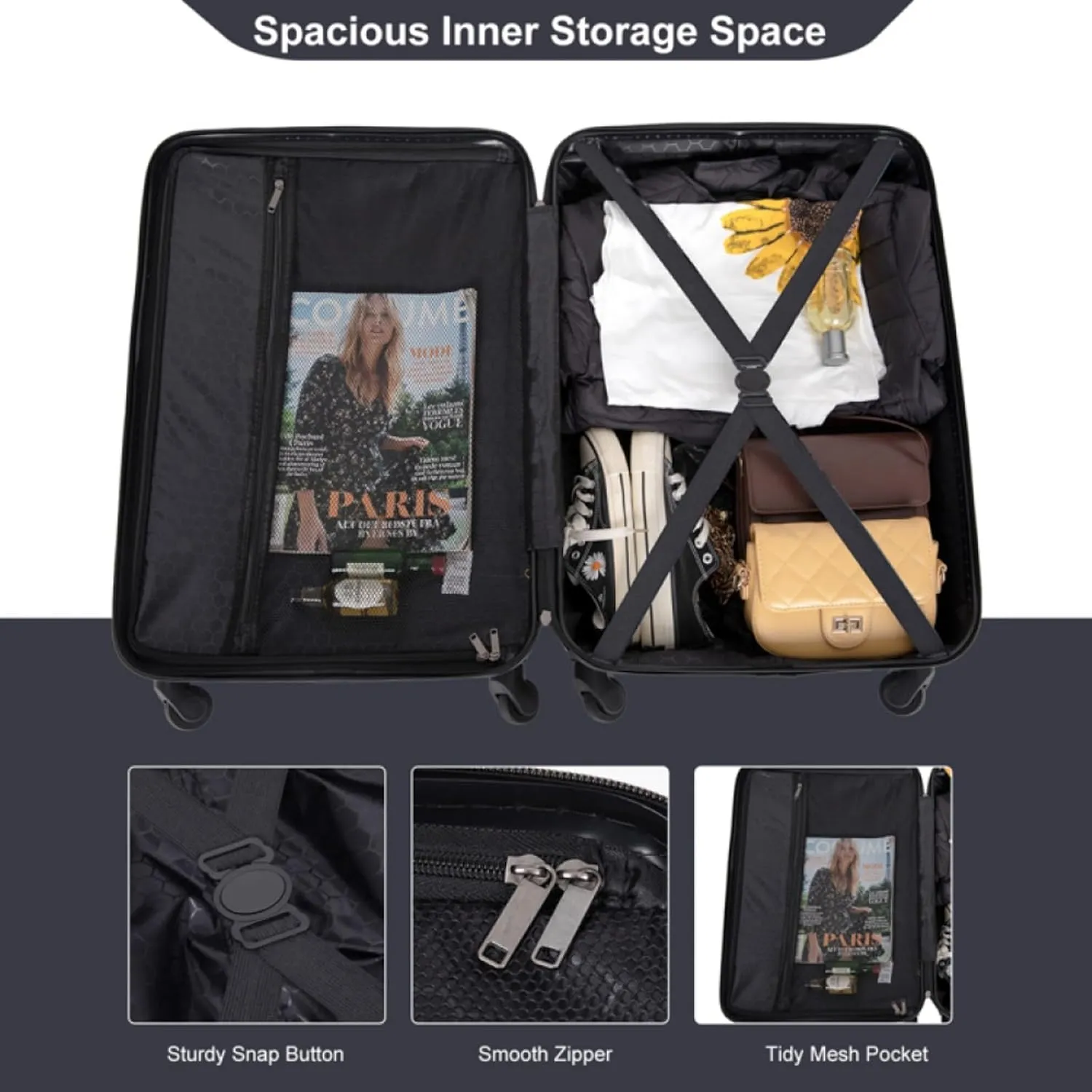 3-Piece ABS Luggage Set (20"/24"/28") - Lightweight Hardshell Suitcases with Lock, 360 Spinner Wheels & 2 Utility Hooks - Carry-On & Checked Luggage (Black   ABS)