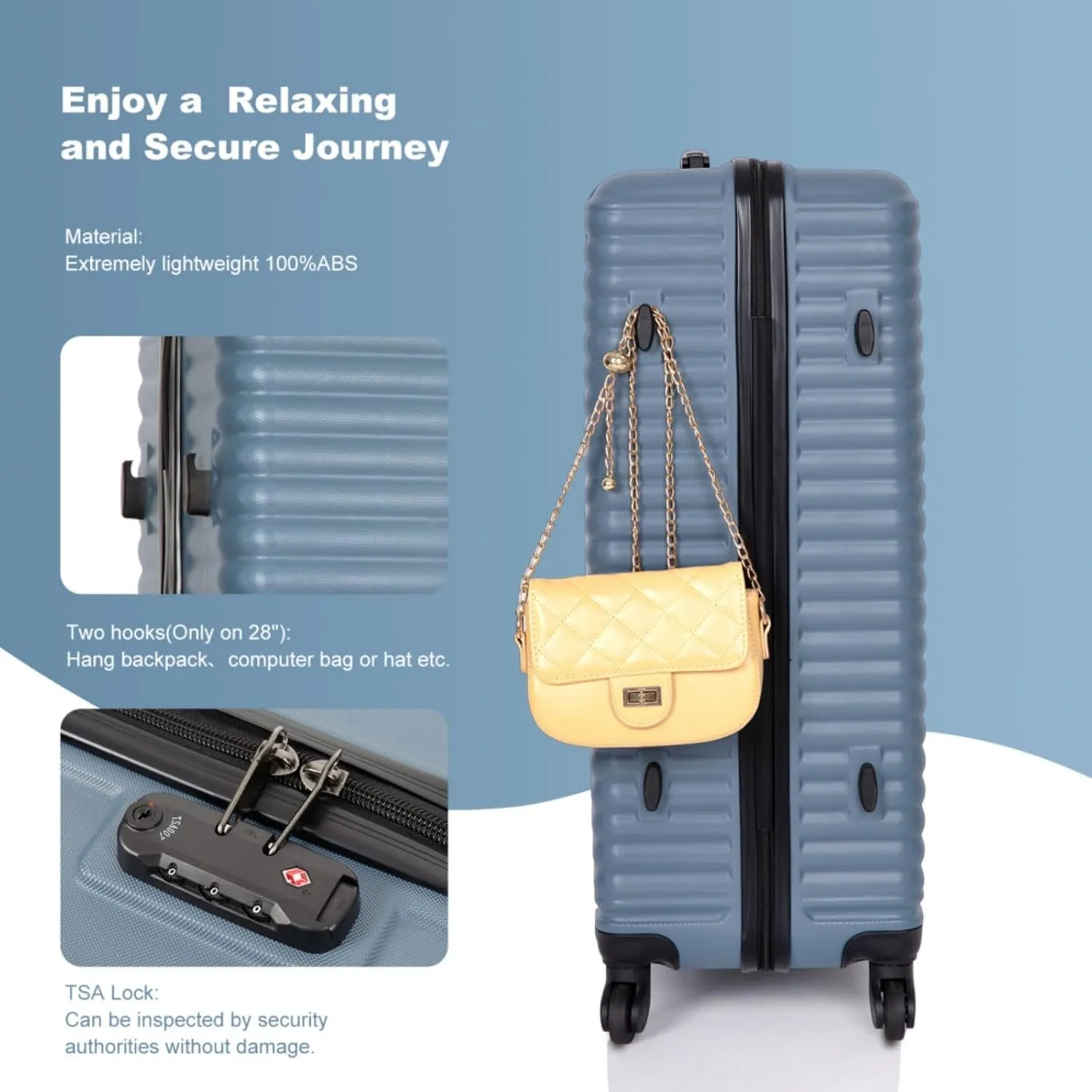 3-Piece ABS Luggage Set (20"/24"/28") - Lightweight Hardshell Suitcases with Lock, 360 Spinner Wheels & 2 Utility Hooks - Carry-On & Checked Luggage (Blue   ABS)