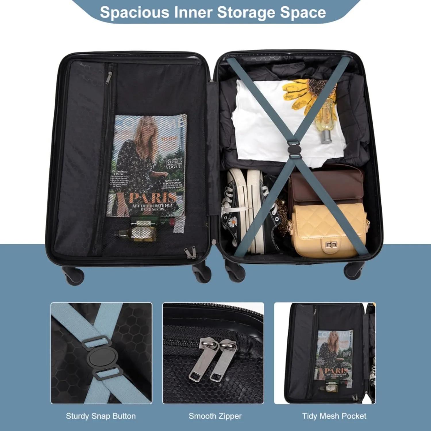 3-Piece ABS Luggage Set (20"/24"/28") - Lightweight Hardshell Suitcases with Lock, 360 Spinner Wheels & 2 Utility Hooks - Carry-On & Checked Luggage (Blue   ABS)
