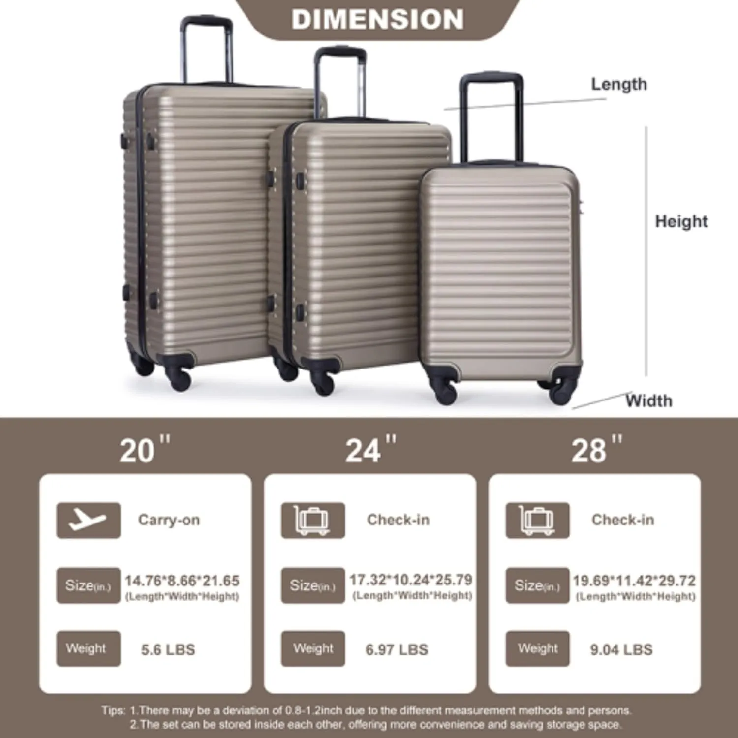 3-Piece ABS Luggage Set (20"/24"/28") - Lightweight Hardshell Suitcases with Lock, 360 Spinner Wheels & 2 Utility Hooks - Carry-On & Checked Luggage (Gold   ABS)
