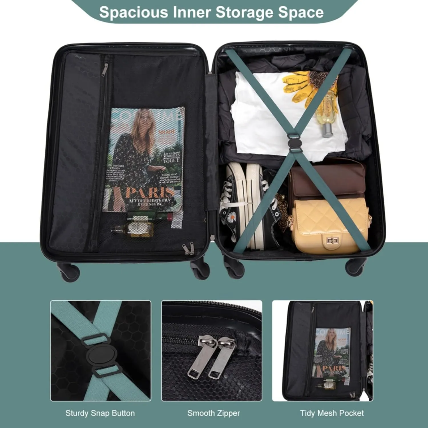 3-Piece ABS Luggage Set (20"/24"/28") - Lightweight Hardshell Suitcases with Lock, 360 Spinner Wheels & 2 Utility Hooks - Carry-On & Checked Luggage (Green   ABS)