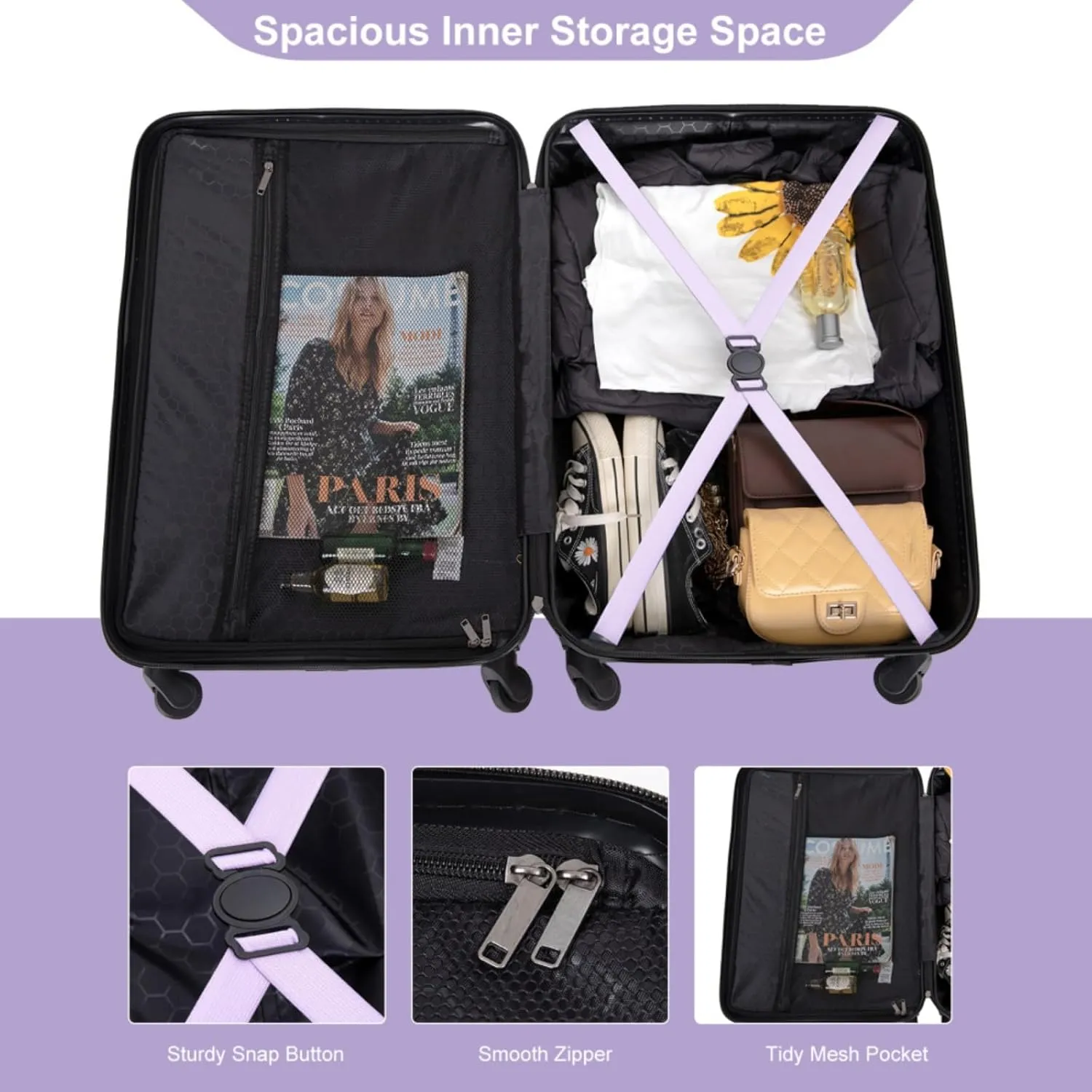 3-Piece ABS Luggage Set (20"/24"/28") - Lightweight Hardshell Suitcases with Lock, 360 Spinner Wheels & 2 Utility Hooks - Carry-On & Checked Luggage (Lavender purple   ABS)