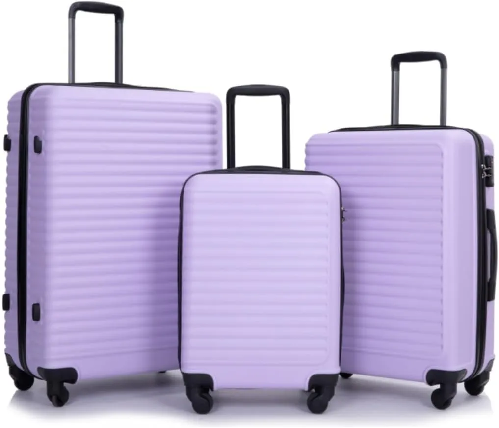 3-Piece ABS Luggage Set (20"/24"/28") - Lightweight Hardshell Suitcases with Lock, 360 Spinner Wheels & 2 Utility Hooks - Carry-On & Checked Luggage (Lavender purple   ABS)
