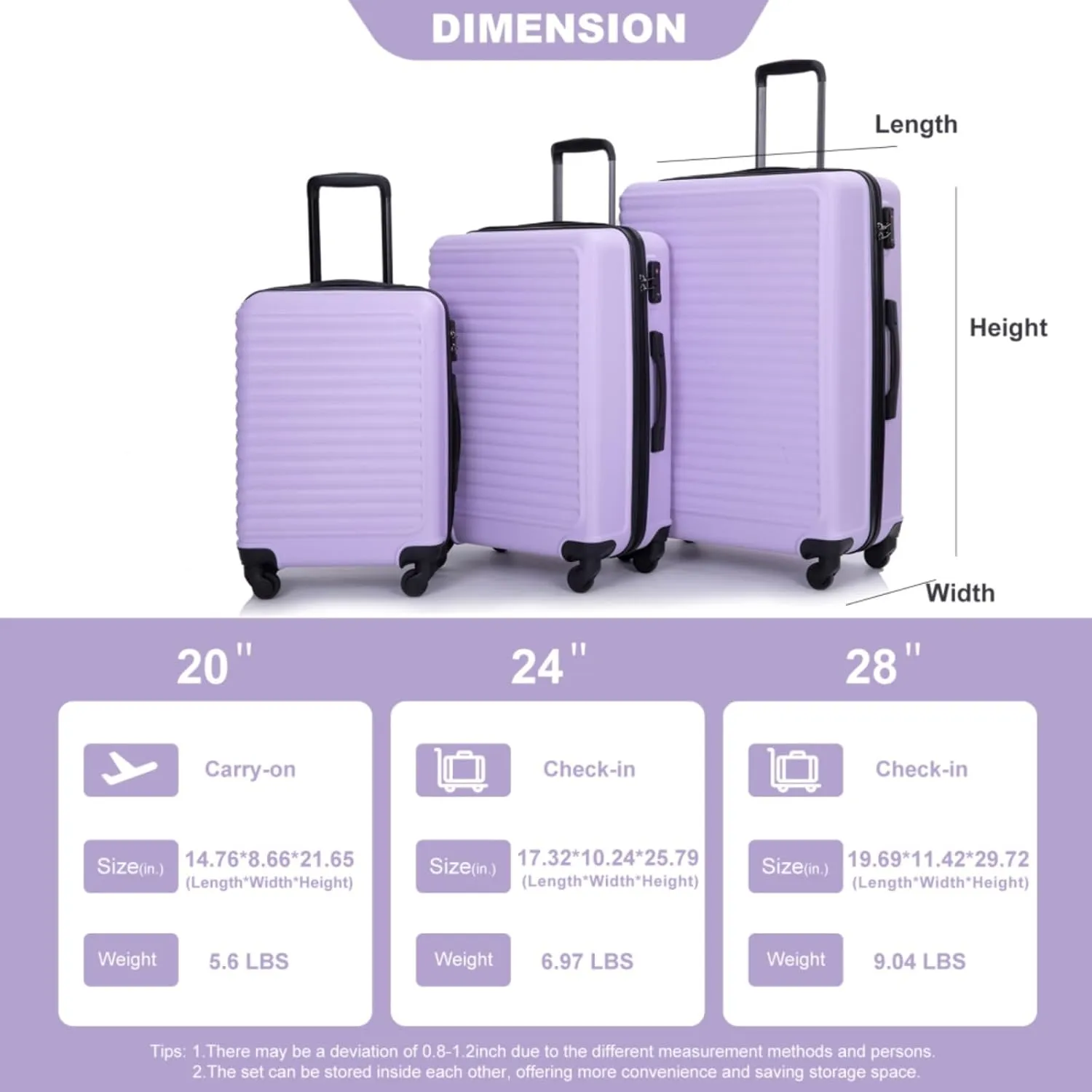 3-Piece ABS Luggage Set (20"/24"/28") - Lightweight Hardshell Suitcases with Lock, 360 Spinner Wheels & 2 Utility Hooks - Carry-On & Checked Luggage (Lavender purple   ABS)