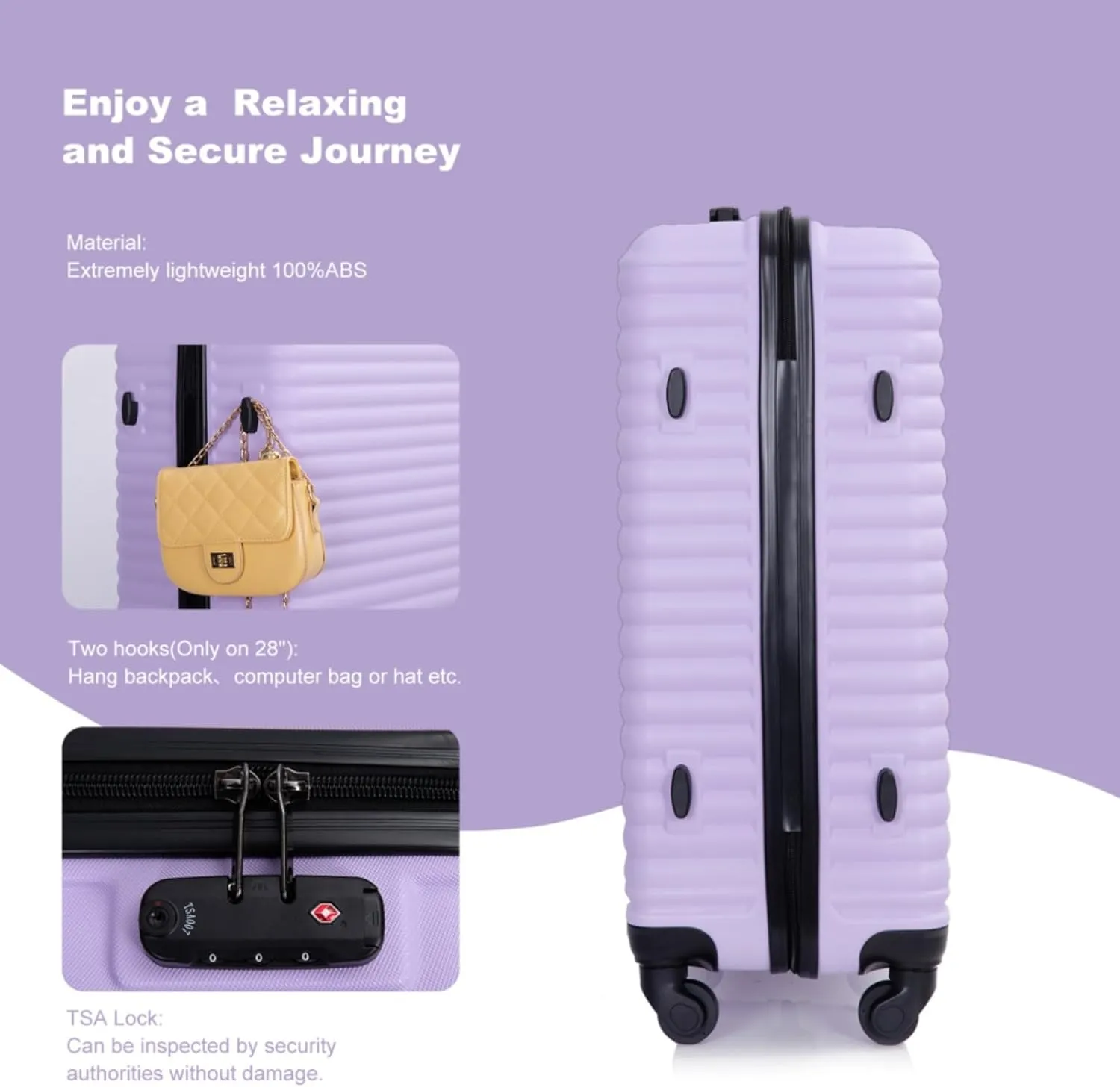 3-Piece ABS Luggage Set (20"/24"/28") - Lightweight Hardshell Suitcases with Lock, 360 Spinner Wheels & 2 Utility Hooks - Carry-On & Checked Luggage (Lavender purple   ABS)