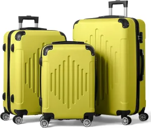 3-Piece Hardshell Luggage Set with Diamond Stripes (20" 24" 28") -ABS Spinner Suitcase Set w/Reinforced Corners & Adjustable Handle, Lightweight Trolley for Travel (Cream Yellow)
