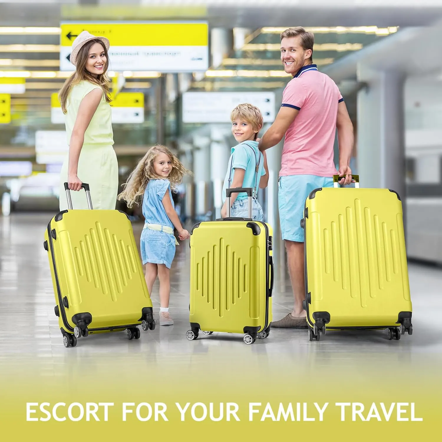 3-Piece Hardshell Luggage Set with Diamond Stripes (20" 24" 28") -ABS Spinner Suitcase Set w/Reinforced Corners & Adjustable Handle, Lightweight Trolley for Travel (Cream Yellow)