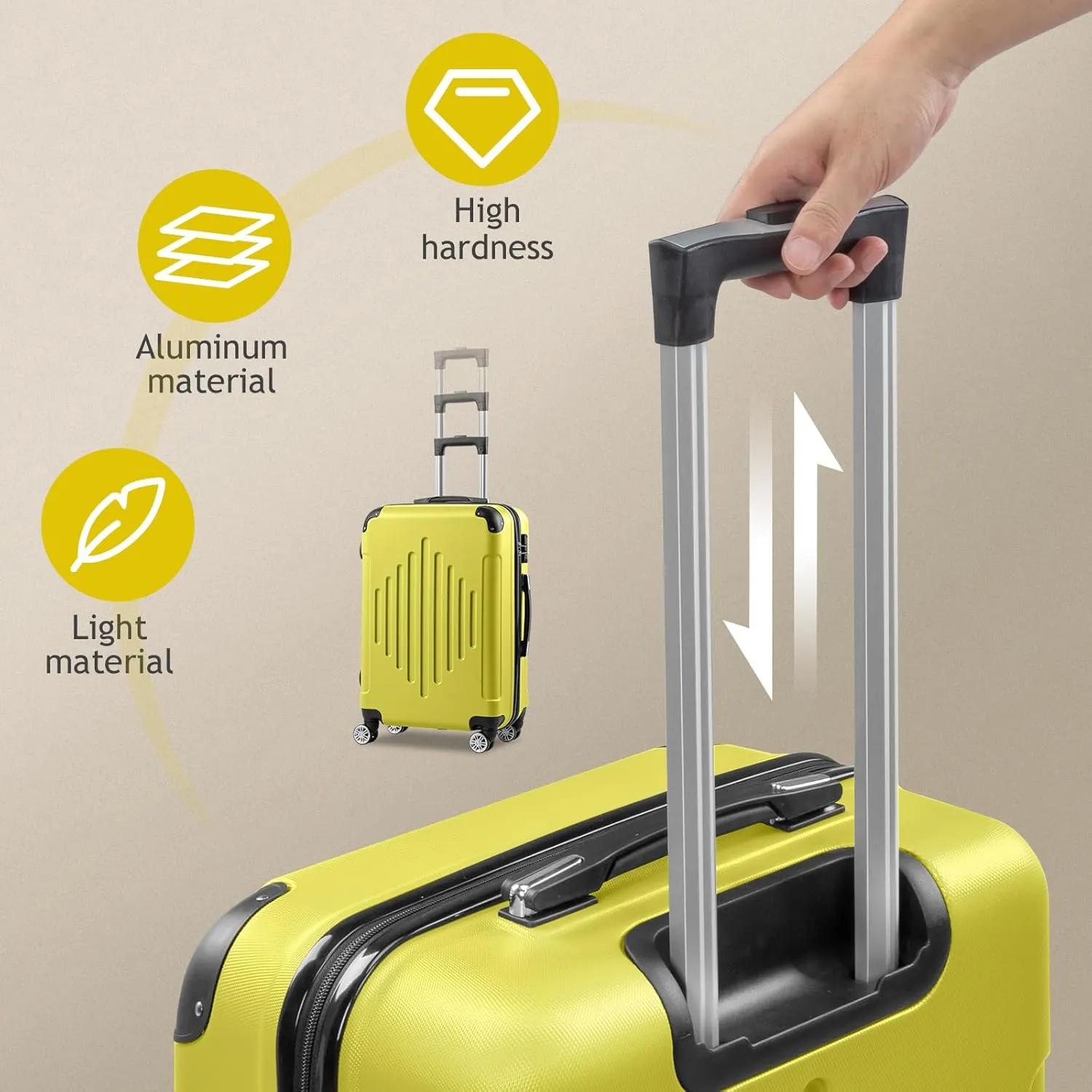 3-Piece Hardshell Luggage Set with Diamond Stripes (20" 24" 28") -ABS Spinner Suitcase Set w/Reinforced Corners & Adjustable Handle, Lightweight Trolley for Travel (Cream Yellow)
