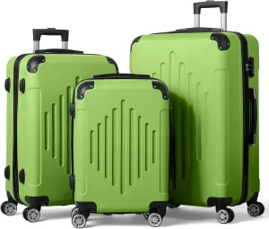3-Piece Hardshell Luggage Set with Diamond Stripes (20" 24" 28") -ABS Spinner Suitcase Set w/Reinforced Corners & Adjustable Handle, Lightweight Trolley for Travel (Matcha Green)