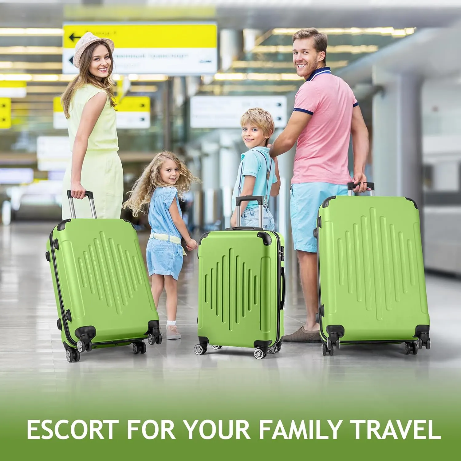3-Piece Hardshell Luggage Set with Diamond Stripes (20" 24" 28") -ABS Spinner Suitcase Set w/Reinforced Corners & Adjustable Handle, Lightweight Trolley for Travel (Matcha Green)