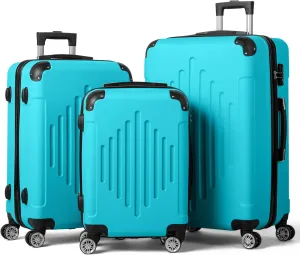 3-Piece Hardshell Luggage Set with Diamond Stripes (20" 24" 28") -ABS Spinner Suitcase Set w/Reinforced Corners & Adjustable Handle, Lightweight Trolley for Travel (Sea Salt Blue)
