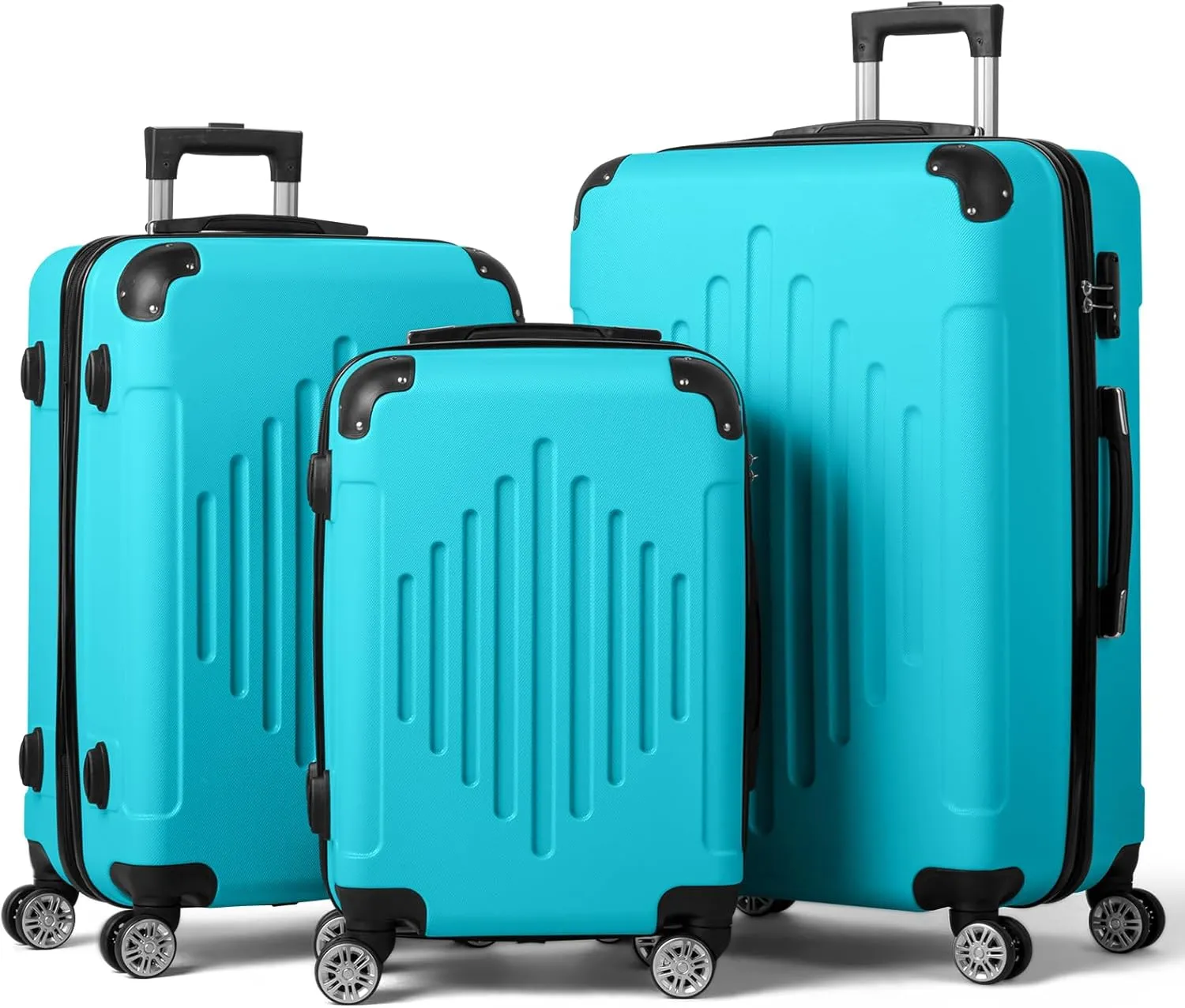 3-Piece Hardshell Luggage Set with Diamond Stripes (20" 24" 28") -ABS Spinner Suitcase Set w/Reinforced Corners & Adjustable Handle, Lightweight Trolley for Travel (Sea Salt Blue)