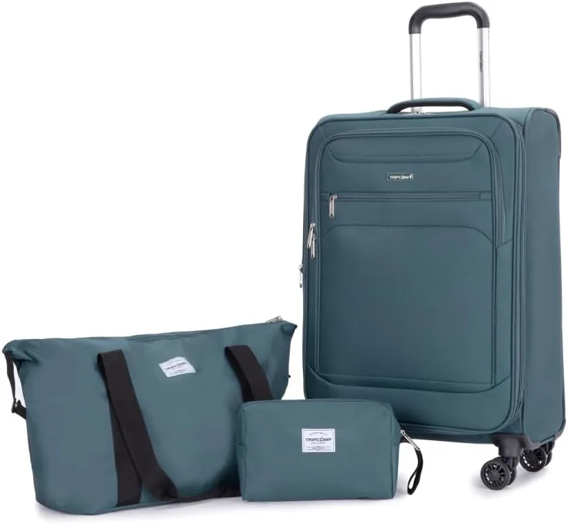 3-Piece Travel Set (18" Carry-On   Backpack   Toiletry Bag) - Lightweight Terylene Softshell Luggage with Spinner Wheels - Airline Approved Underseat Suitcase (Dark Green   Polyester)