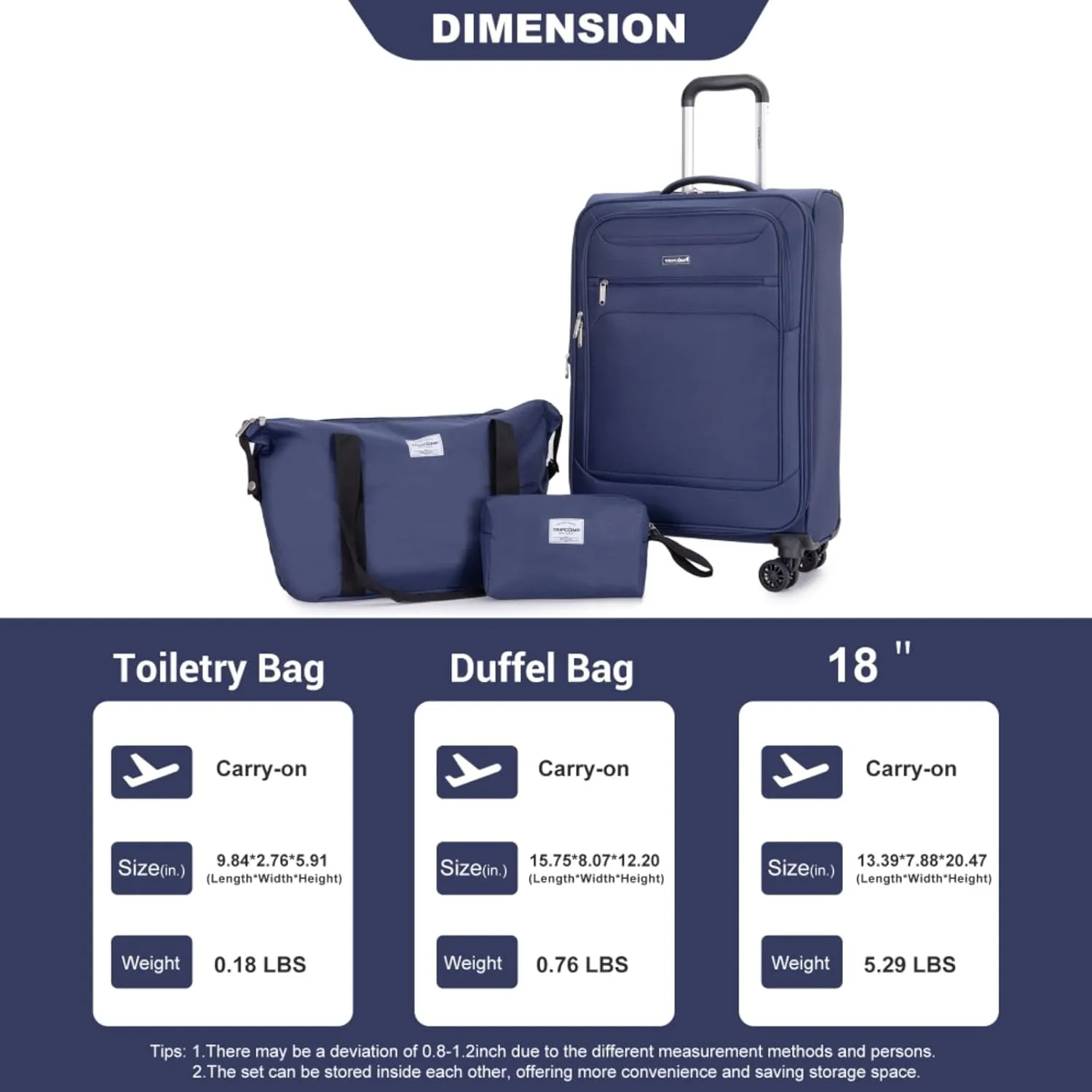 3-Piece Travel Set (18" Carry-On   Backpack   Toiletry Bag) - Lightweight Terylene Softshell Luggage with Spinner Wheels - Airline Approved Underseat Suitcase (Dark Green   Polyester)