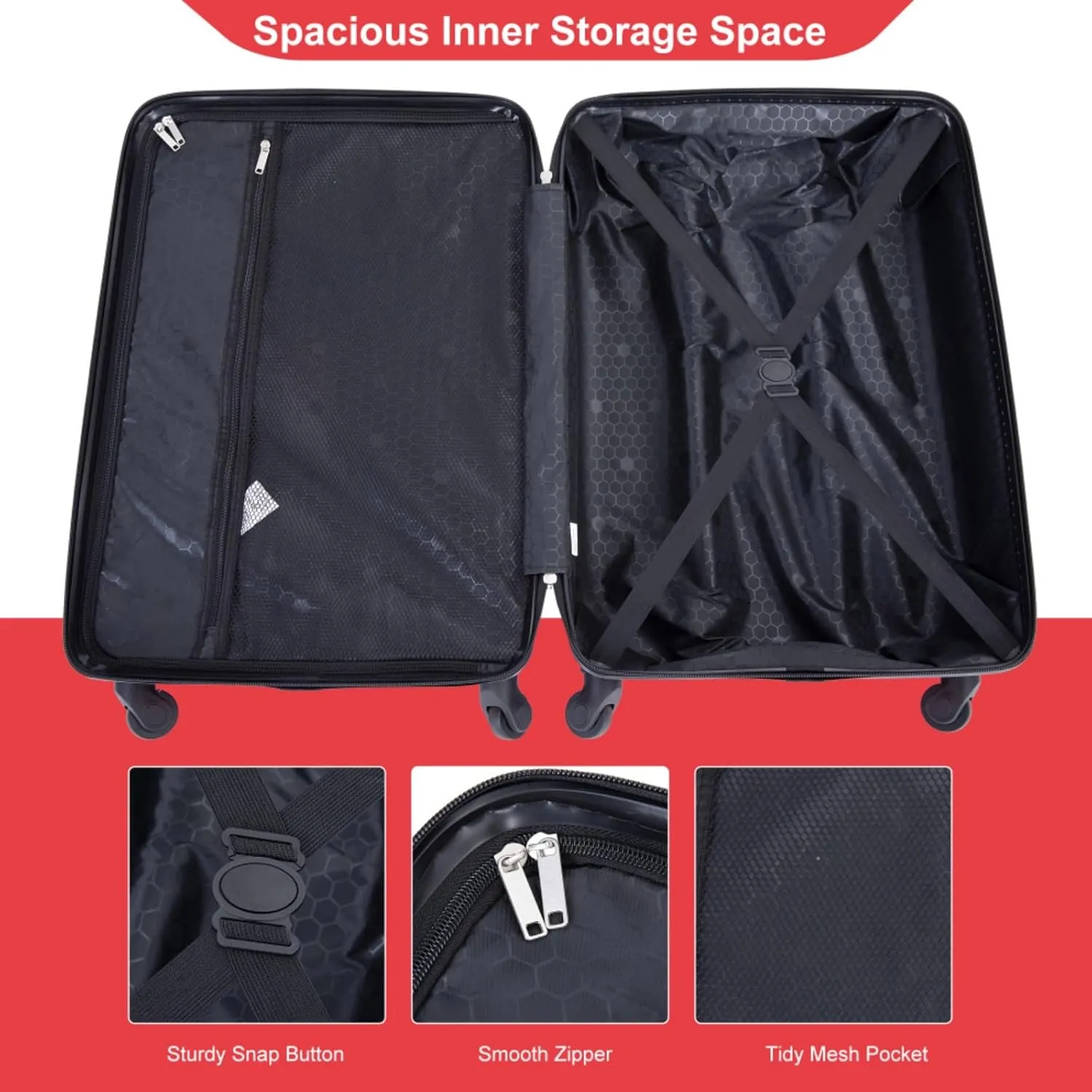 4-Piece ABS Luggage Set (16"/20"/24"/28") - Lightweight Hardshell Suitcases with Lock & 360 Spinner Wheels - Carry-On & Checked Luggage (Red   ABS)