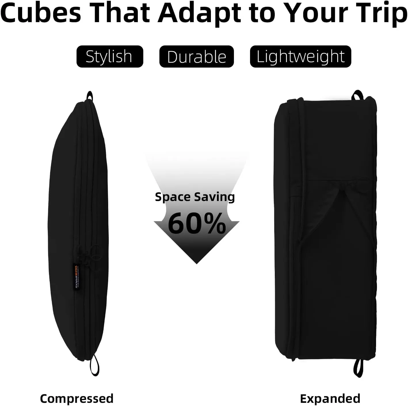 5 Set Compression Packing Cubes, Expandable Organizer Bags for Vacation, Travel Essentials for Suitcases, Backpacks and Carry-Ons (Black)