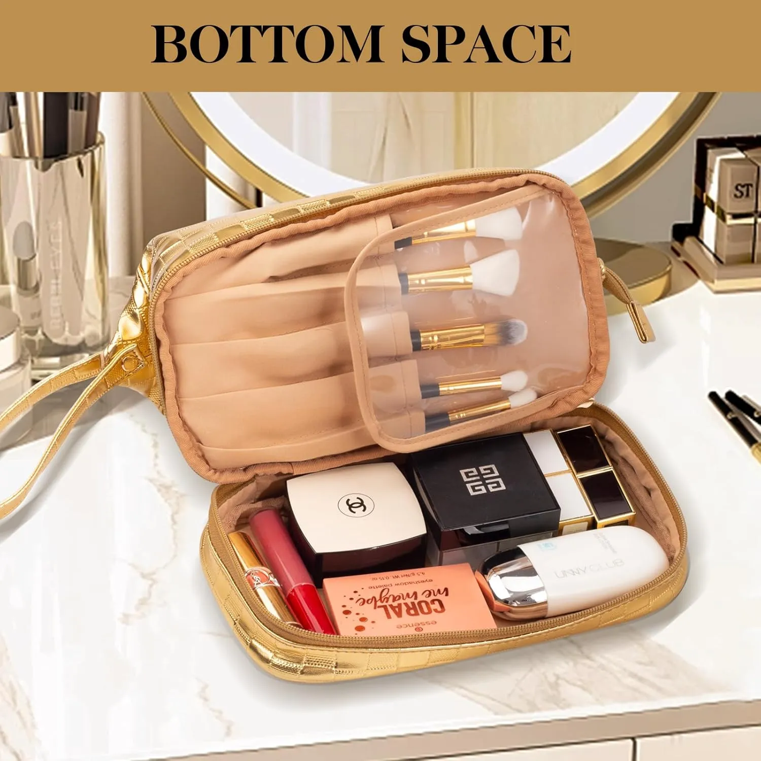 Abiudeng Large Capacity Makeup Bag Ladies Cosmetic Bag Travel Bag with Compartments Portable PU Leather Travel Makeup Bag with Handle