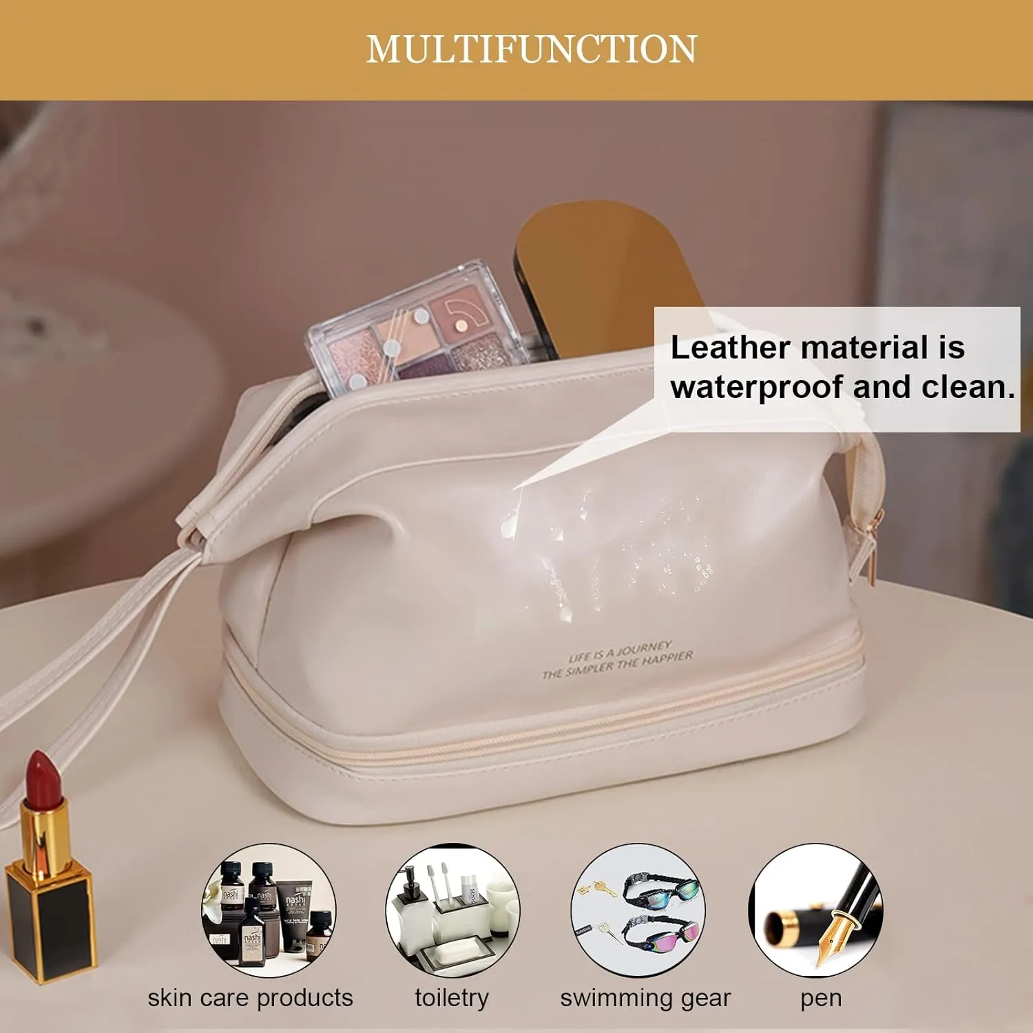 Abiudeng Large Capacity Makeup Bag Ladies Cosmetic Bag Travel Bag with Compartments Portable PU Leather Travel Makeup Bag with Handle