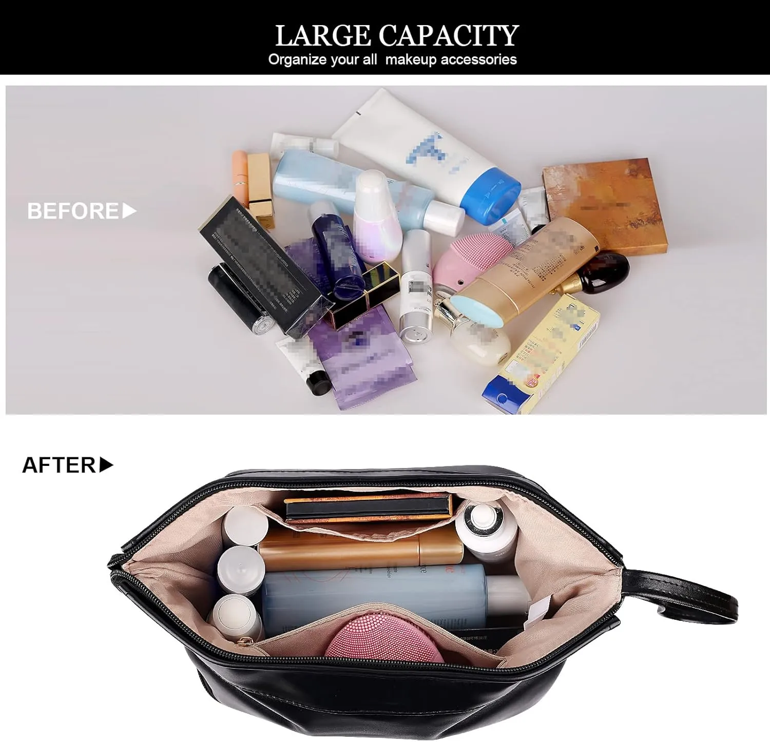Abiudeng Large Capacity Makeup Bag Ladies Cosmetic Bag Travel Bag with Compartments Portable PU Leather Travel Makeup Bag with Handle