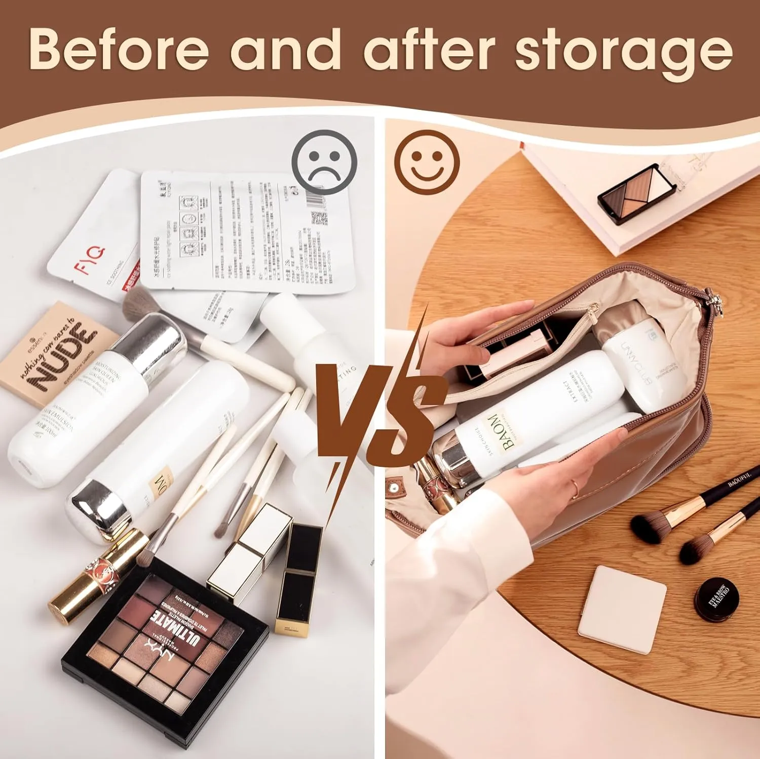 Abiudeng Large Capacity Makeup Bag Ladies Cosmetic Bag Travel Bag with Compartments Portable PU Leather Travel Makeup Bag with Handle