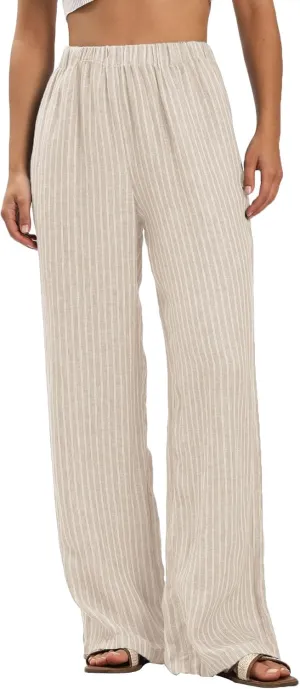Amazhiyu Women's 100% Linen Summer Casual Elastic Waist Stripes Wide Leg Pants