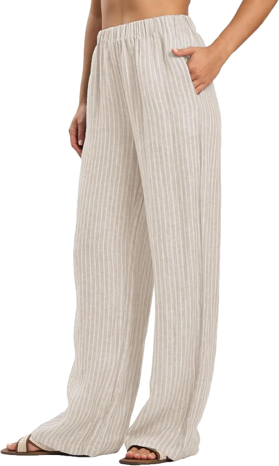 Amazhiyu Women's 100% Linen Summer Casual Elastic Waist Stripes Wide Leg Pants